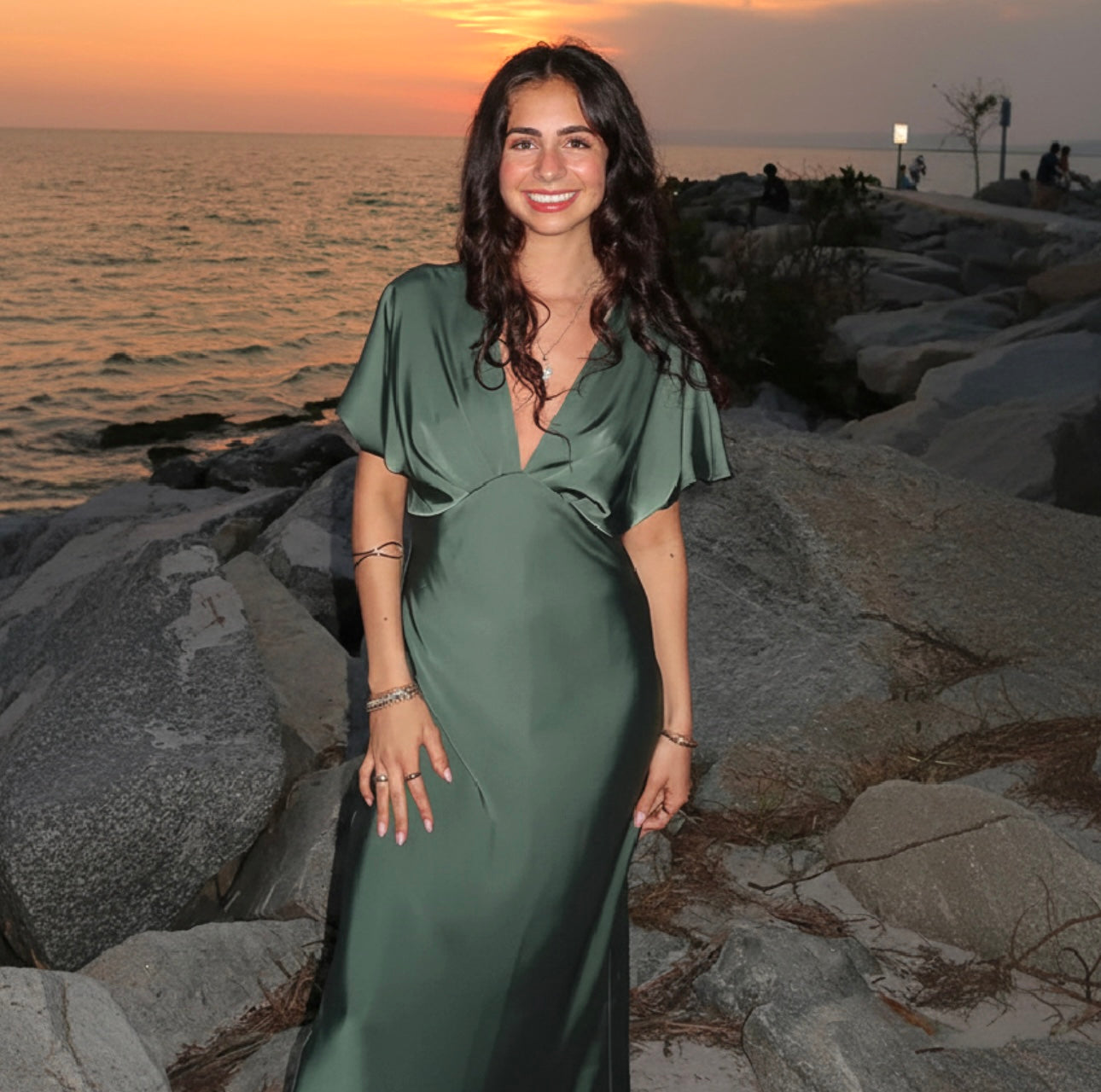 Elegant Sage Green V-Neck Midi Dress for Women | Short Sleeve Empire Waist Casual & Occasion Dress