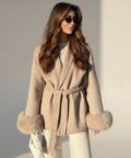Elegant Lace-Up Woolen Short Coat for Women – Solid Loose Lapel Jacket with Furry Belt, Long Sleeve Chic Cardigan (Autumn Winter 2025)