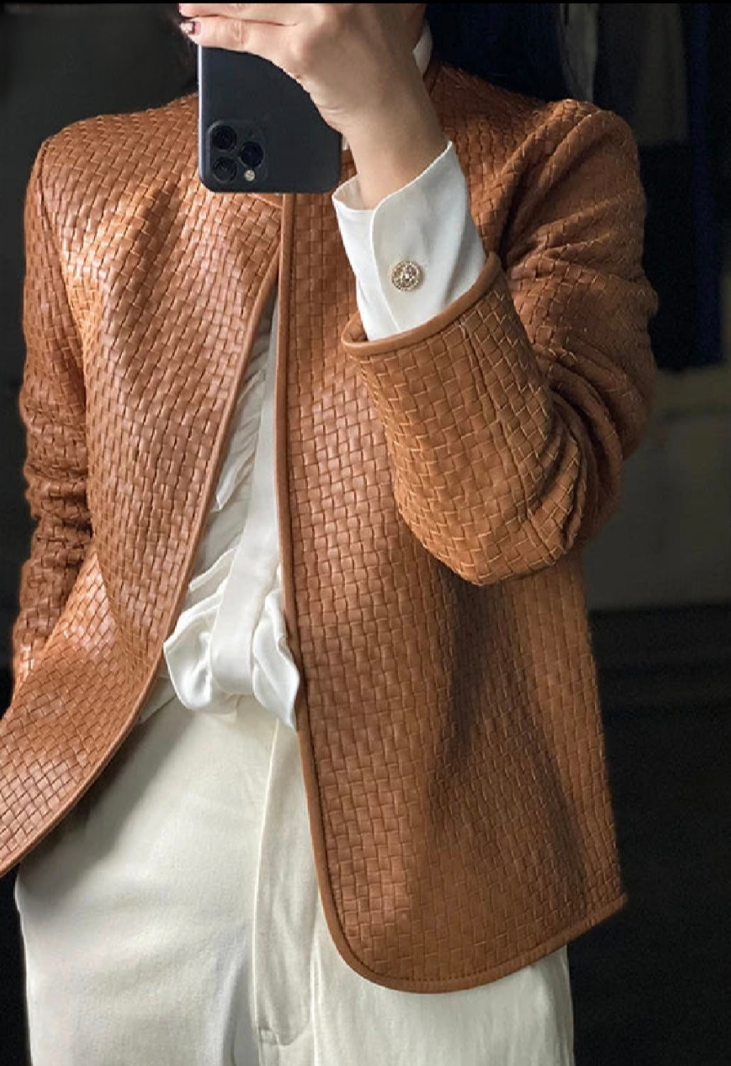 Genuine Leather Jacket/Women Stylish Vintage Jacket/Hand-Woven Sheepskin/O-Neck Cardigan Plaid Coat Outwear.