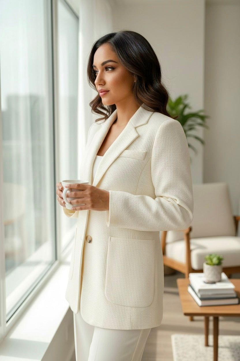 Elegant Ivory Textured Tailored Blazer for Women | Single-Breasted Chic Office & Casual Jacket