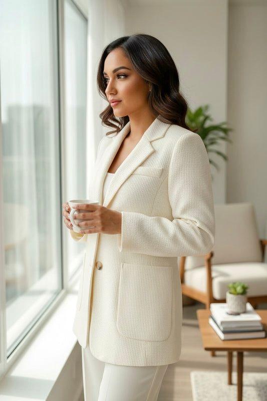 Elegant Ivory Textured Tailored Blazer for Women | Single-Breasted Chic Office & Casual Jacket