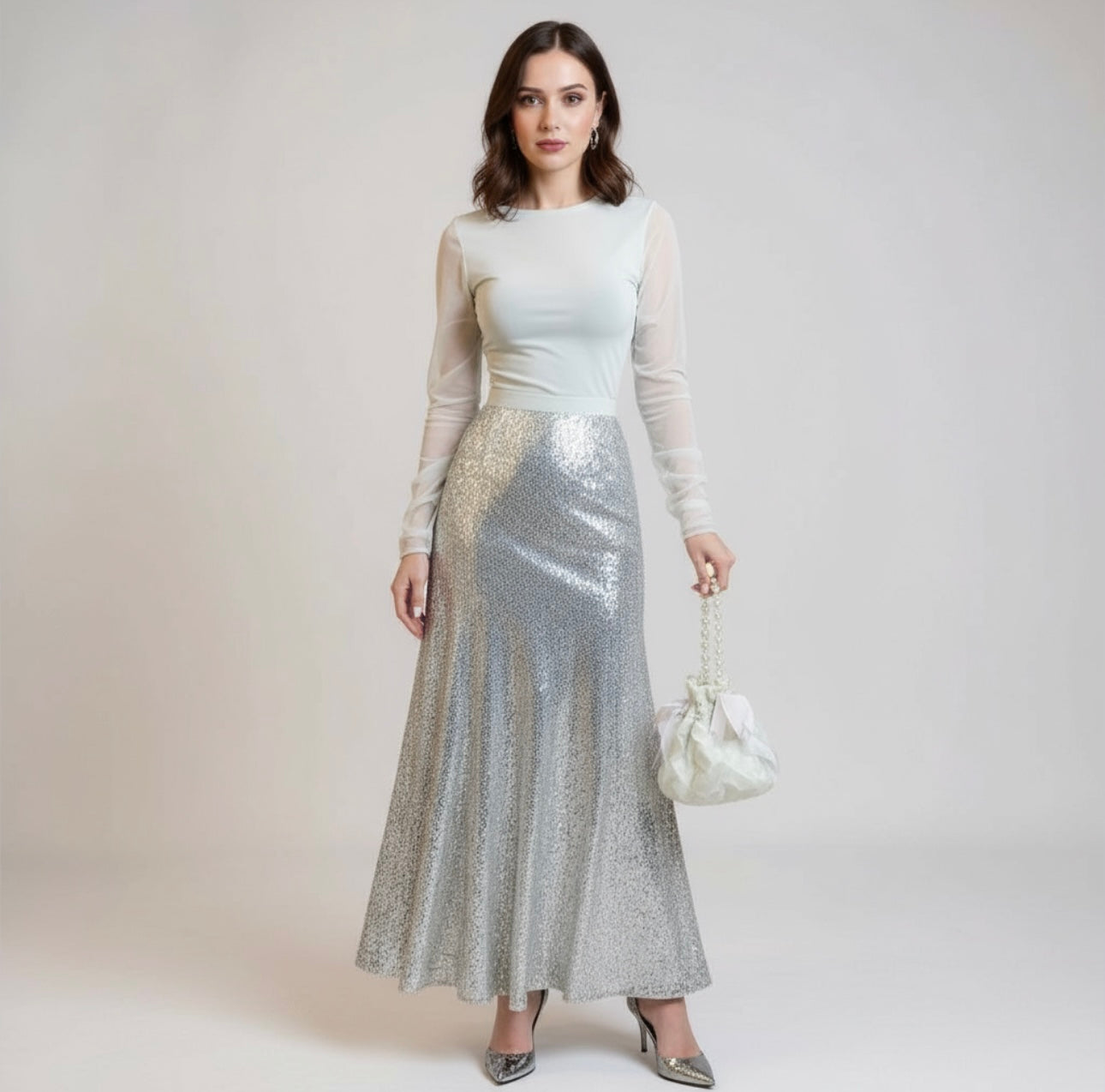 Elegant Sequined Mermaid Skirt / Minimalist Body-Con High A-Line Sparkly Mid-Calf Skirt