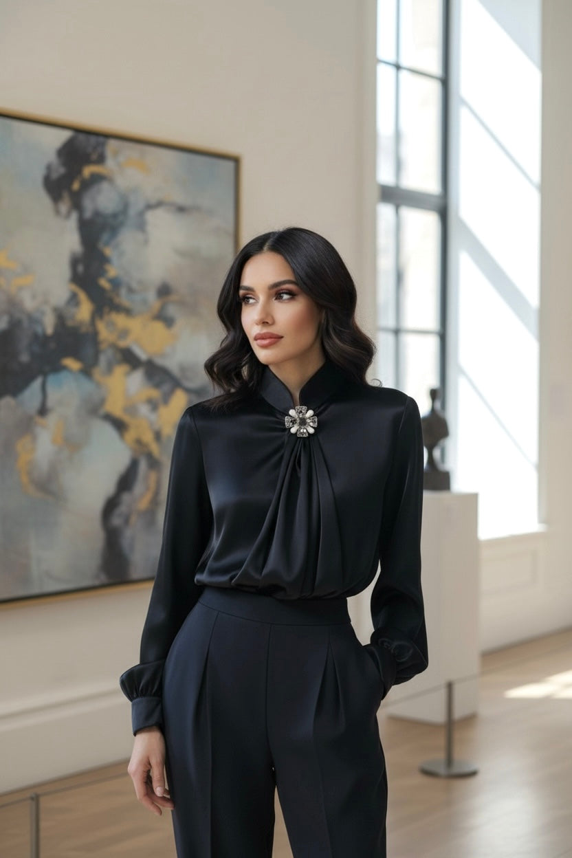 Black Satin High-Neck Blouse with Crystal Accent|Elegant Jewel Neck Long Sleeve Satin Blouse