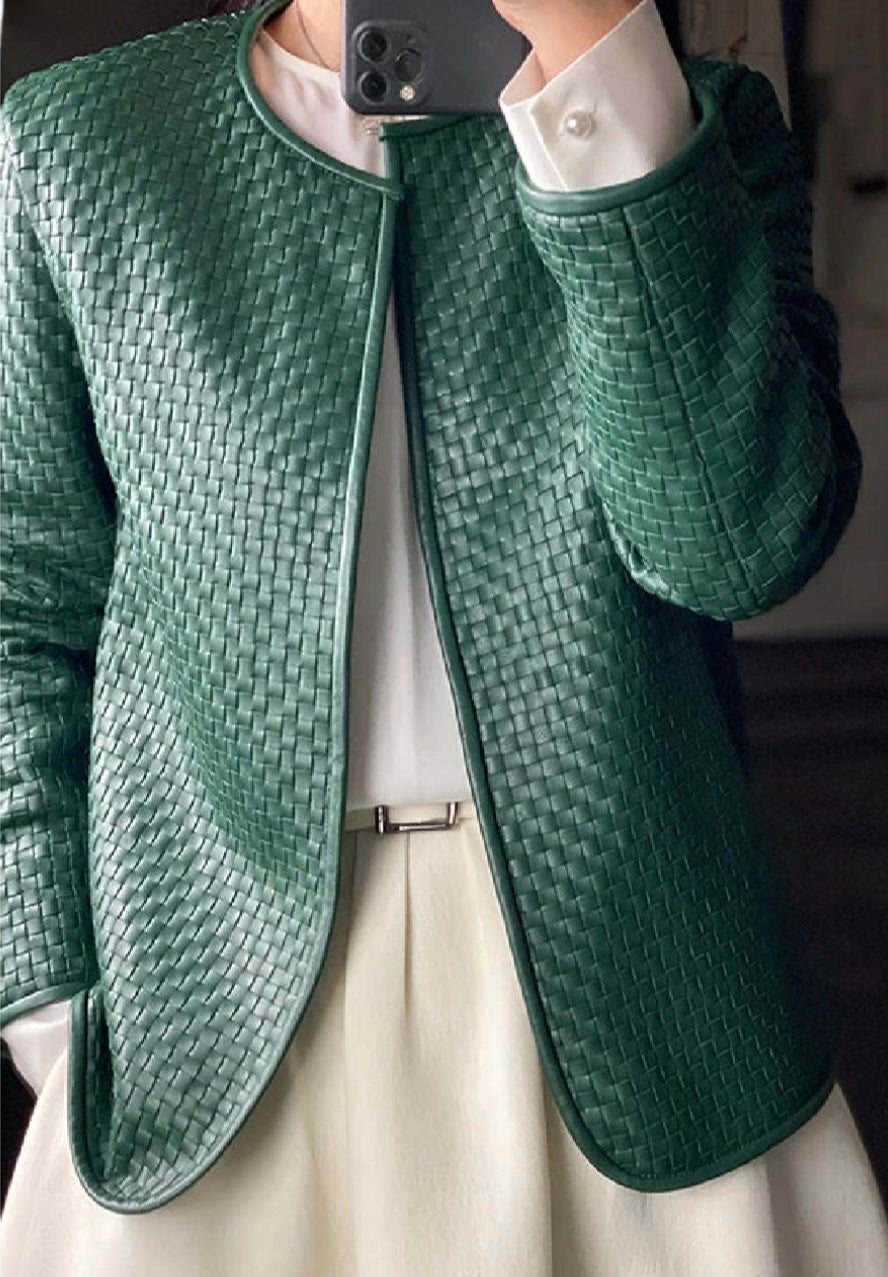 Genuine Leather Jacket/Women Stylish Vintage Jacket/Hand-Woven Sheepskin/O-Neck Cardigan Plaid Coat Outwear.