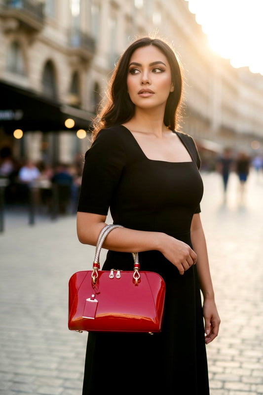 Luxury Pink Patent Leather Handbag – Glossy Top Handle Tote with Gold Hardware | Modern Blend Boutique