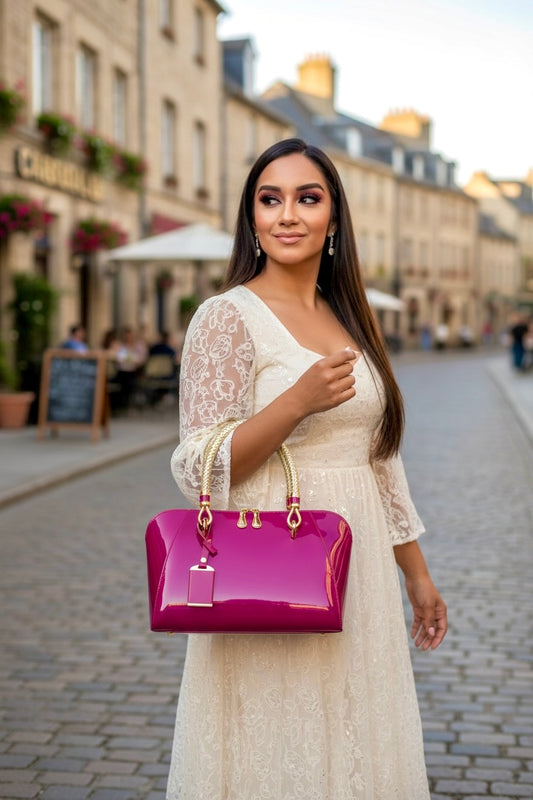 Luxury Pink Patent Leather Handbag – Glossy Top Handle Tote with Gold Hardware | Modern Blend Boutique