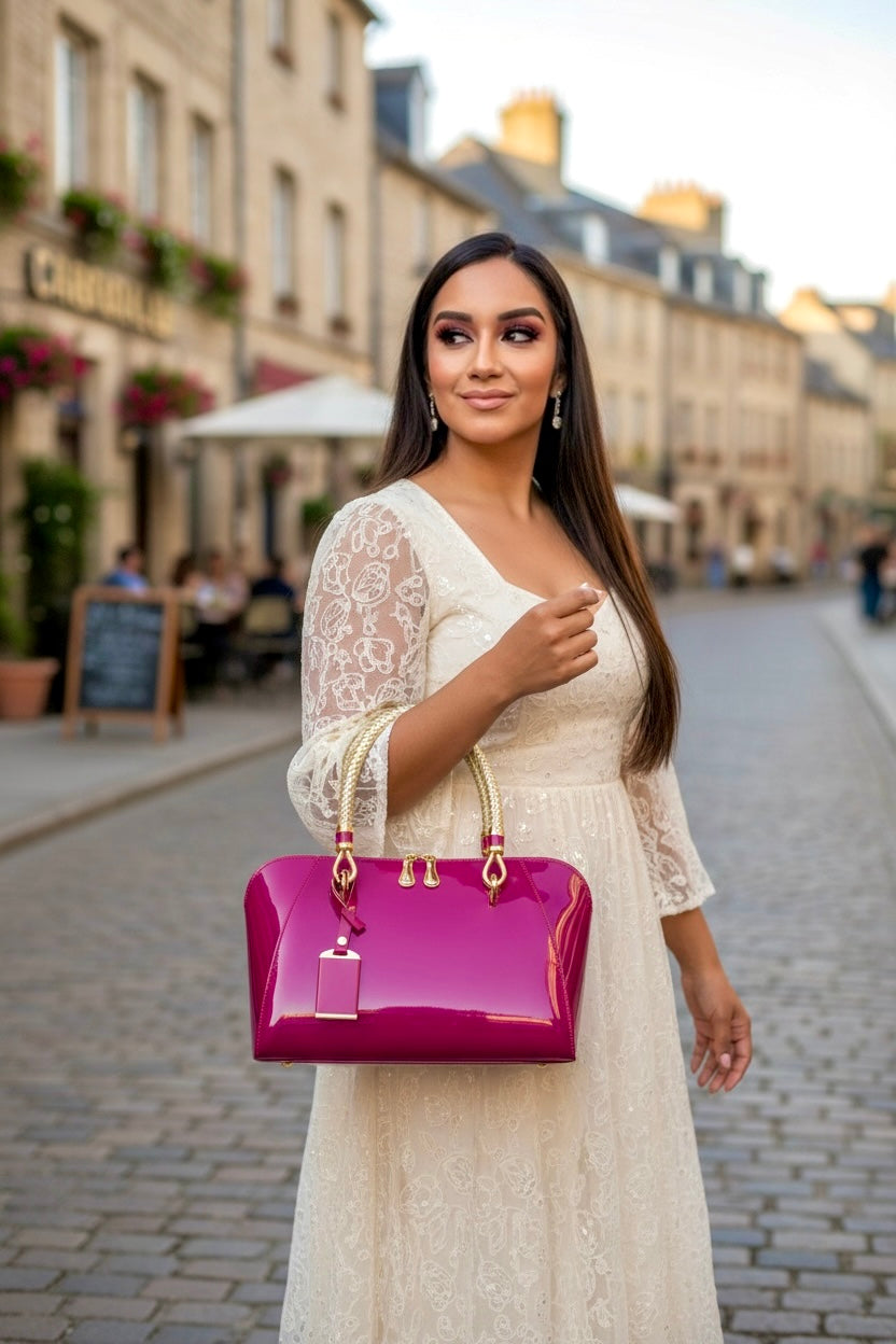 Luxury Pink Patent Leather Handbag – Glossy Top Handle Tote with Gold Hardware | Modern Blend Boutique