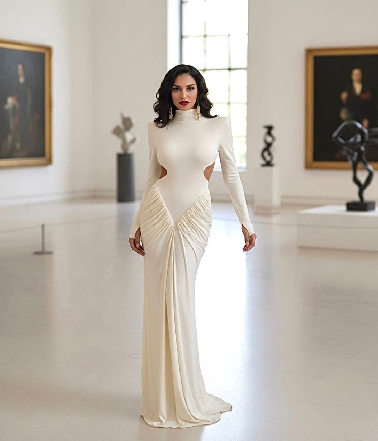 Luxury High-Neck Cutout Ruched Maxi Dress – Long Sleeve Bodycon Evening Gown in Multiple Colors