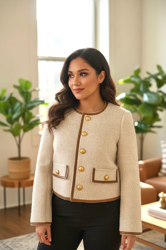 Elegant Cream Wool Cropped Jacket for Women – Vintage-Inspired Button Front Coat
