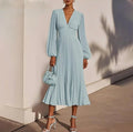 Mid~Calf Pullover Maxi Dress/V Neck High Waist/Pleated Long Dress.