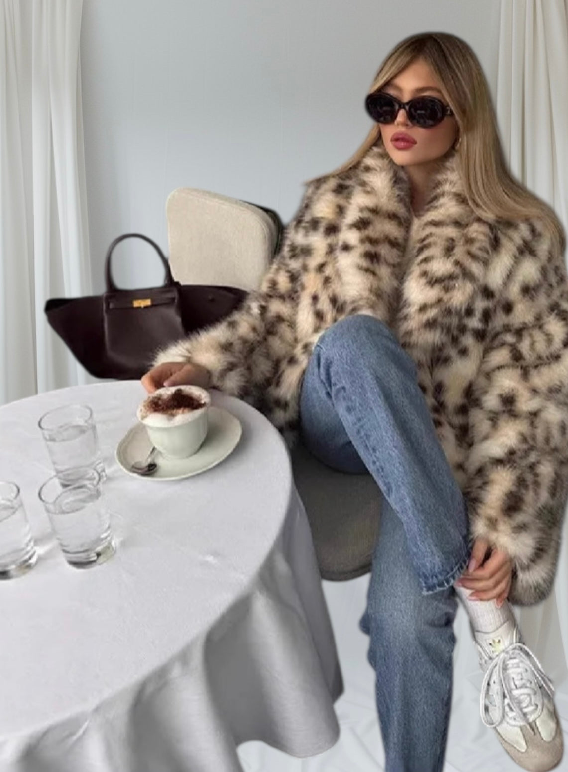 Faux Fur Coat’s/Casual Daily Coat/Turn Down Collar/Full Sleeve Leopard Print/Open Stitch Thick Warm Jackets Street Wear Winter.