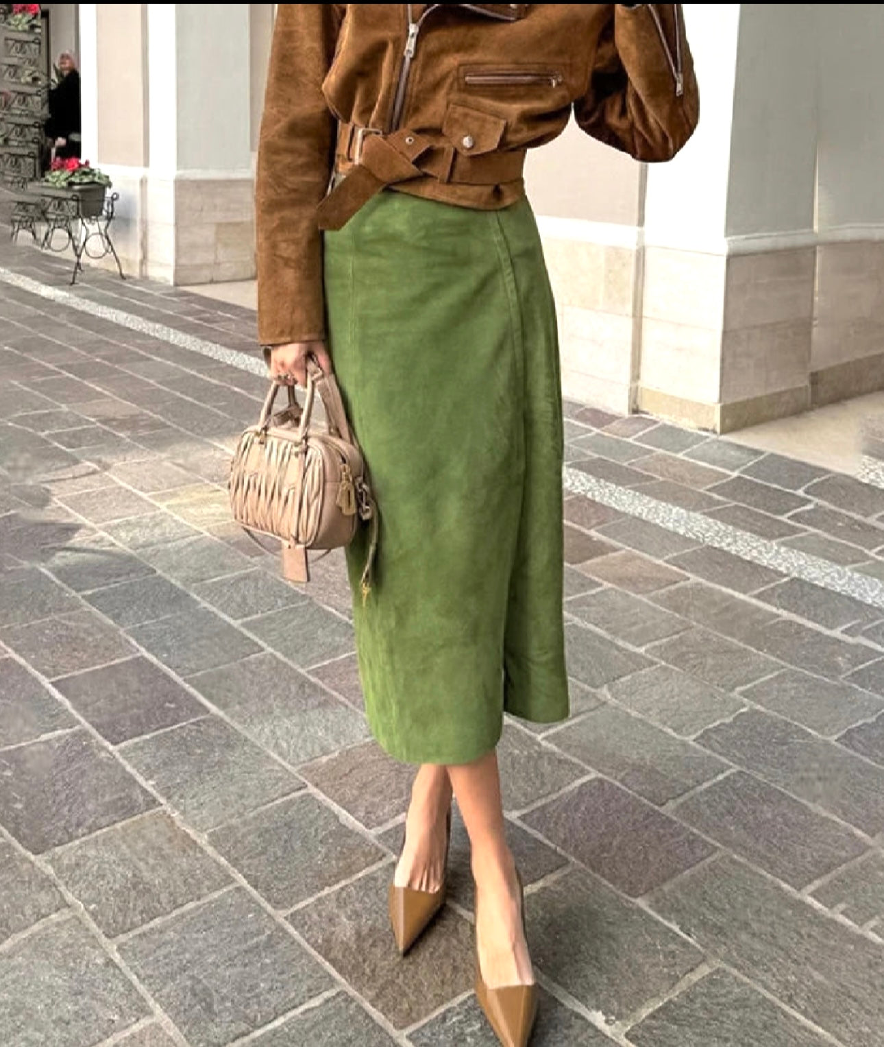Stylish Vintage Green Suede/Split Straight High Waist Skirt/Autumn  Comfortable Casual Faux Suede Slim Skirt Streetwear.