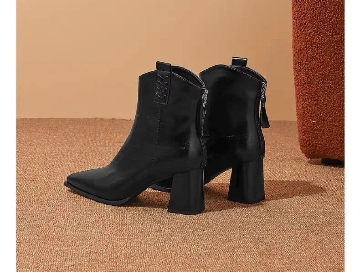 Women’s Vintage Pointed-Toe Ankle Boots – Leather-Look Chunky Block Heel, Back-Zip Dress Booties | Fall Winter