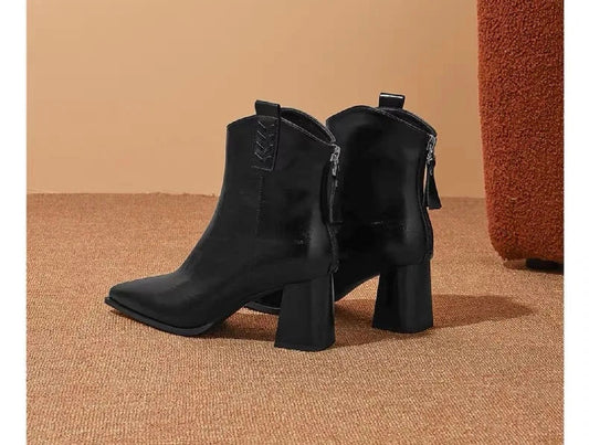 Women’s Vintage Pointed-Toe Ankle Boots – Leather-Look Chunky Block Heel, Back-Zip Dress Booties | Fall Winter