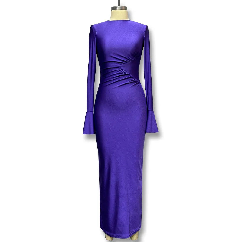 Solid Slim Fitted Maxi Dress/Color Neck Square/Shoulder Bell Sleeve/Ruched Knitted/Thin Ankle-Length for Bodycon Dress.