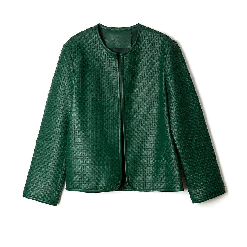 Genuine Leather Jacket/Women Stylish Vintage Jacket/Hand-Woven Sheepskin/O-Neck Cardigan Plaid Coat Outwear.