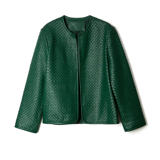 Genuine Leather Jacket/Women Stylish Vintage Jacket/Hand-Woven Sheepskin/O-Neck Cardigan Plaid Coat Outwear.