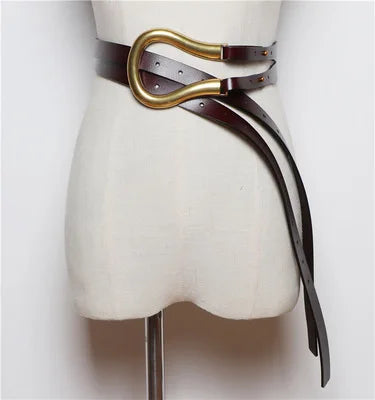 Luxury Sculpted Gold Buckle Waist Belt for Women | Adjustable Leather Belt in Red & Brown