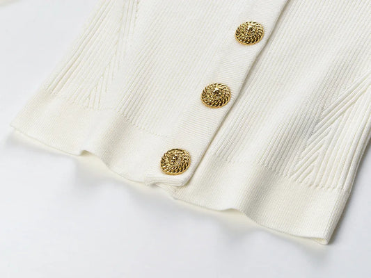 Vintage French Style V-neckline Long Sleeve Single-breasted Office Wear Women Solid Slim Fitted Knit Cardigan.