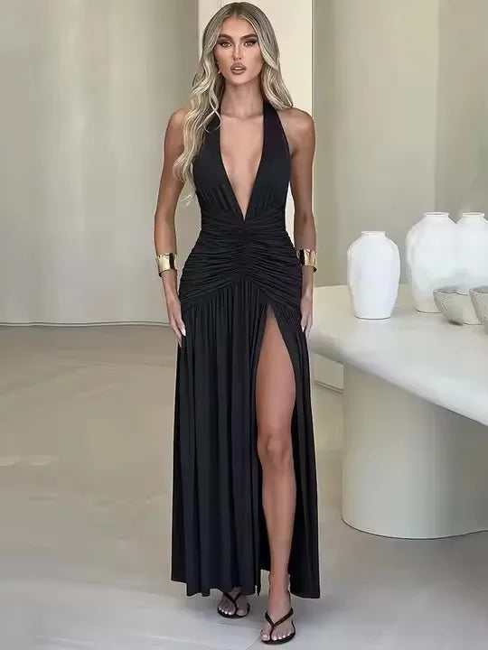 Long Halter Maxi Dress/Deep V Neck Backless Maxi Dress/Solid Sleeveless Thigh/High Split Dress/All Occasional.