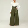 Luxury Olive Green High-Waist Belted Wide-Leg Trousers – Elegant PU Leather Paperbag Pants for Women with Statement Belt