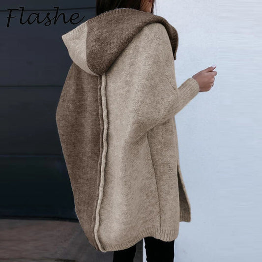 Two Tone Hooded Knit Cardigan for Women | Long Winter Patchwork Sweater | Modern Blend Boutique