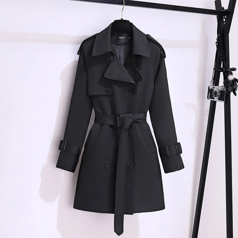 Classic Double-Breasted Belted Trench Coat for Women | Elegant Long Coat – Beige & Black