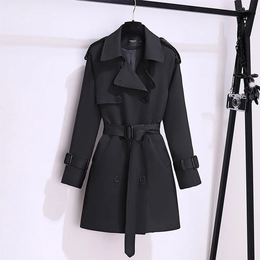 Classic Double-Breasted Belted Trench Coat for Women | Elegant Long Coat – Beige & Black