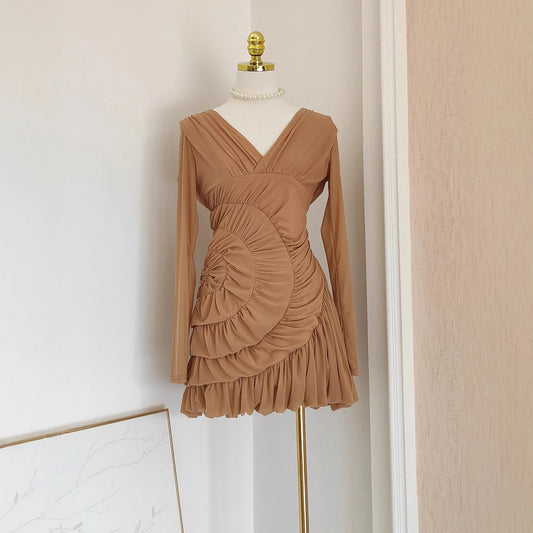 Luxury Nude Ruched Long Sleeve Mini Dress with V-Neck & Draped Detail | Modern Blend Boutique