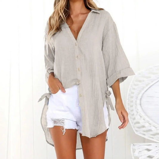 Oversized Button Down Blouses/Linen Shirts Women/Irregular Hem Belt Buttons Top/Woman Turn Down Collar.