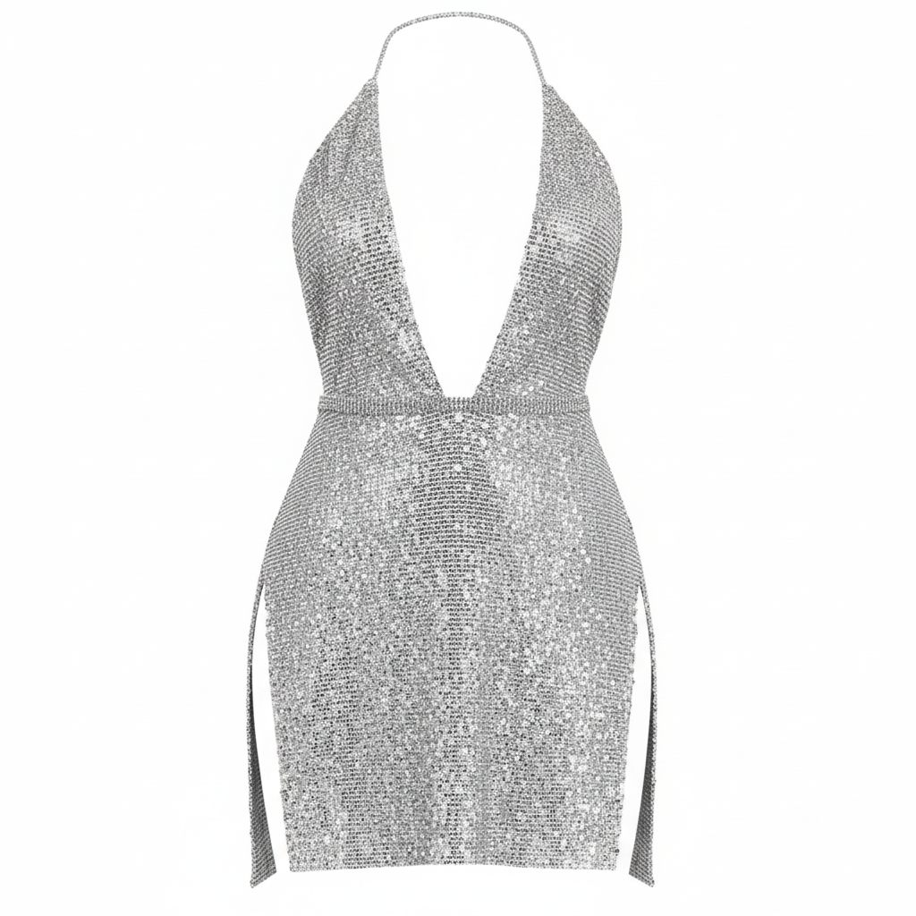 Sexy Aluminum Backless Dress/Hollow Out Sleeveless Sparkle Party Club Bodycon Shiny Dress.