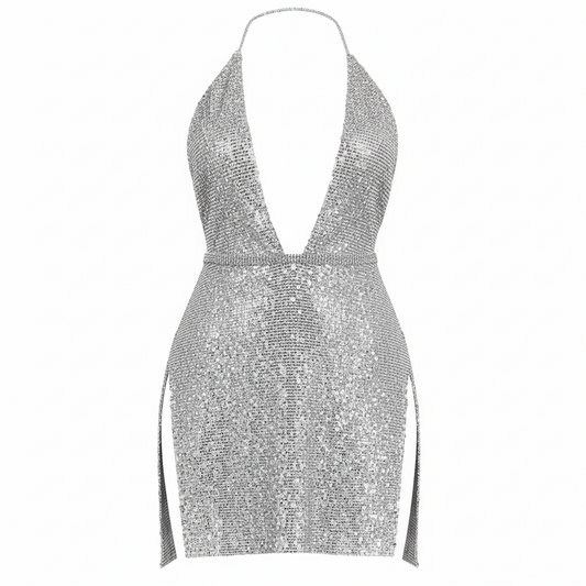 Sexy Aluminum Backless Dress/Hollow Out Sleeveless Sparkle Party Club Bodycon Shiny Dress.