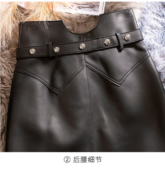 Women’s Genuine Sheepskin Leather Mini Skirt – High Waist Belted Office Chic Skirt