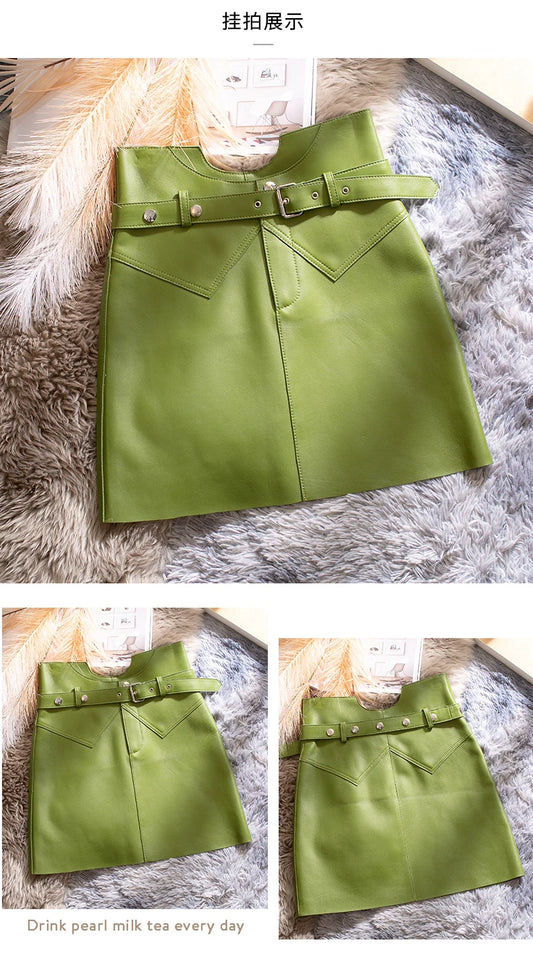 Women’s Genuine Sheepskin Leather Mini Skirt – High Waist Belted Office Chic Skirt