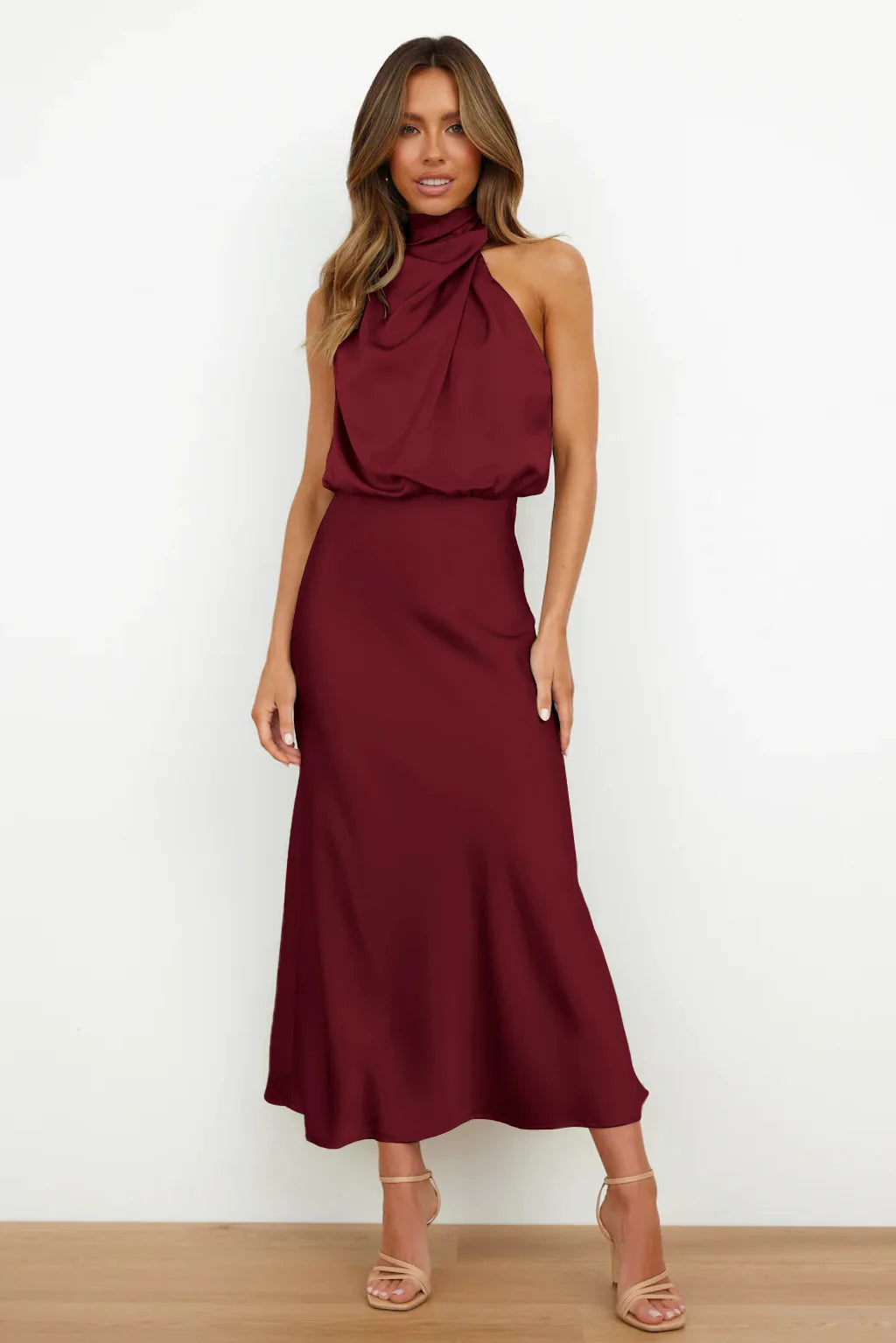 Elegant Satin Halter Midi Dress for Women – Luxury High Neck Sleeveless A-Line Party & Wedding Guest Dress | Modern Blend Boutique