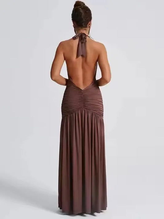 Long Halter Maxi Dress/Deep V Neck Backless Maxi Dress/Solid Sleeveless Thigh/High Split Dress/All Occasional.