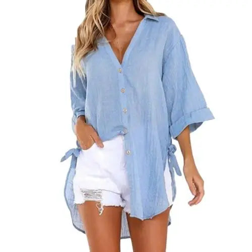 Oversized Button Down Blouses/Linen Shirts Women/Irregular Hem Belt Buttons Top/Woman Turn Down Collar.
