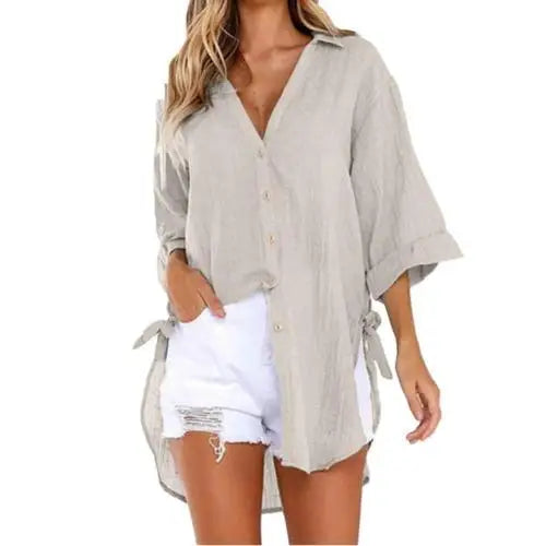 Oversized Button Down Blouses/Linen Shirts Women/Irregular Hem Belt Buttons Top/Woman Turn Down Collar.