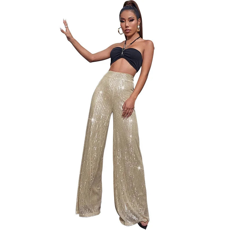 Elegant High-Waist Sequin Wide Leg Pants – Luxury Evening Statement Trousers for Women | Modern Blend Boutique
