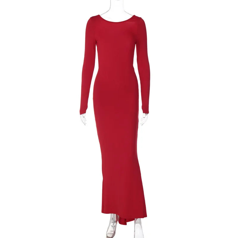 Long-Sleeve Backless Bodycon Maxi Dress Solid Cuched Sexy Design/Natural Digital.