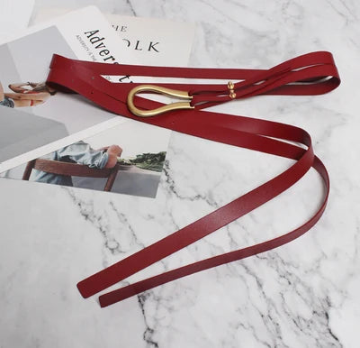 Luxury Sculpted Gold Buckle Waist Belt for Women | Adjustable Leather Belt in Red & Brown
