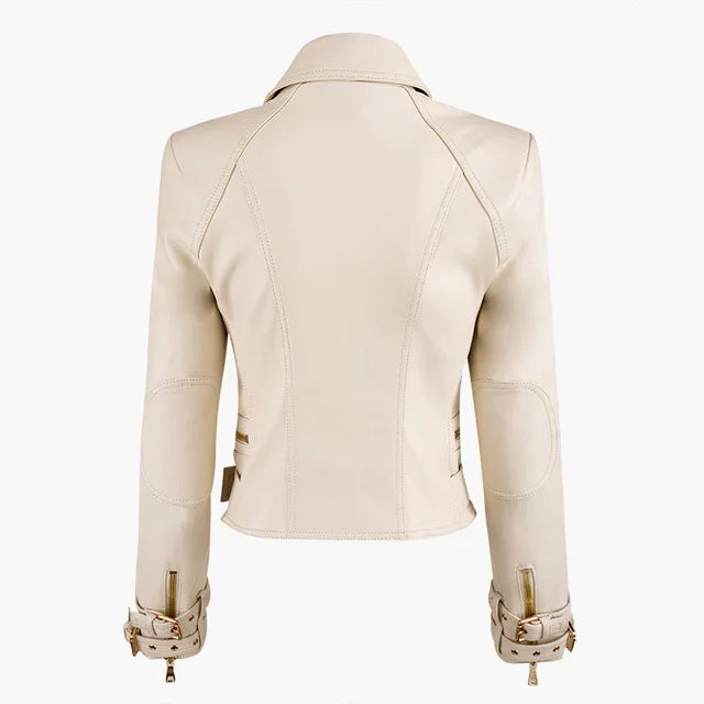 Leather jacket female Locomotive style double breasted pu leather outerwear leather jackets, zipper stitching.