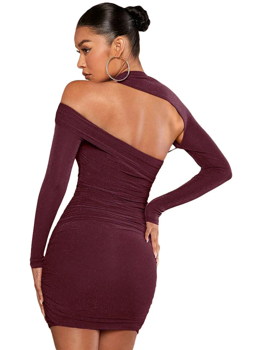 Elegant Bordeaux One-Shoulder Cutout Ruched Bodycon Mini Dress