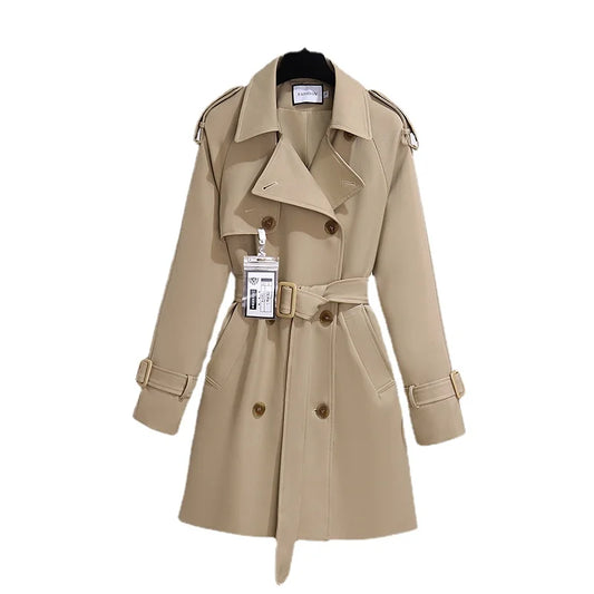 Classic Double-Breasted Belted Trench Coat for Women | Elegant Long Coat – Beige & Black