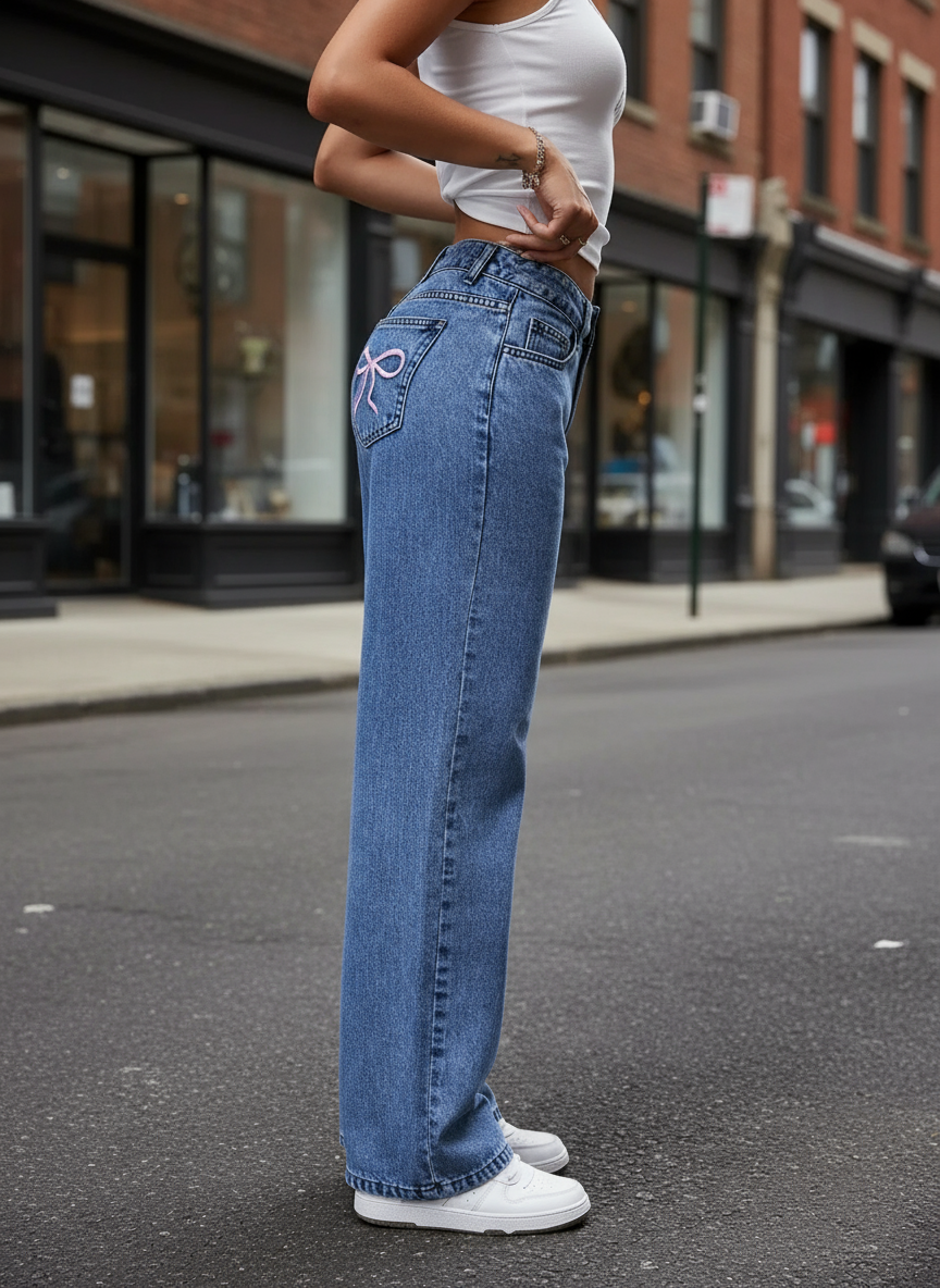 Wide Leg Bow Embroidered Jeans – High Waist Casual Denim Trousers/Blue Denim Pants High Quality/Wide Leg Casual Daily Street Wear/Mid Waist Straight Style Button/Decoration XL/Pockets.