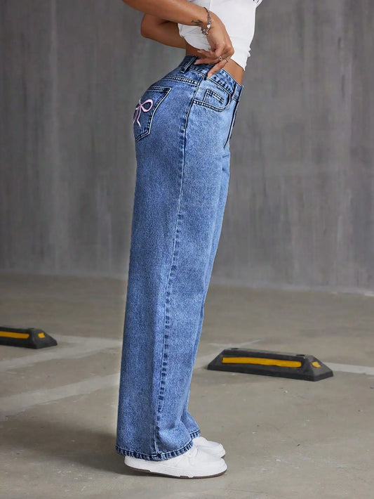 Wide Leg Bow Embroidered Jeans – High Waist Casual Denim Trousers/Blue Denim Pants High Quality/Wide Leg Casual Daily Street Wear/Mid Waist Straight Style Button/Decoration XL/Pockets.