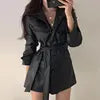 Black Faux Leather Trench Coat Dress with Belt – Chic Women’s Jacket