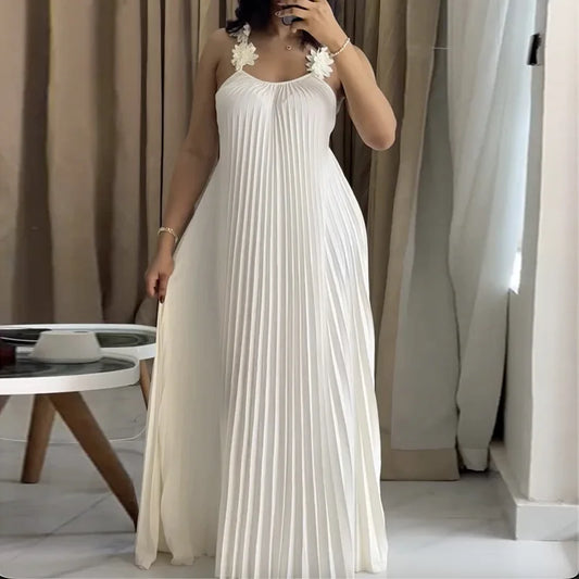 Modern Pleated Maxi Dress with Floral Strap Detail – Elegant Flowing Summer Dress – Backless A-Line Vacation Dress