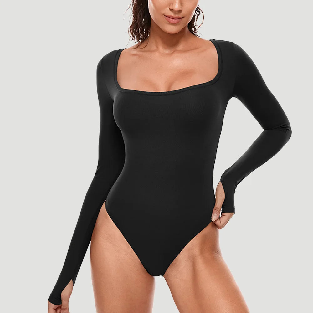 Luxury Long Sleeve Square Neck Bodysuit for Women – Slim Fit Stretch Bodycon Top | Modern Blend Boutique