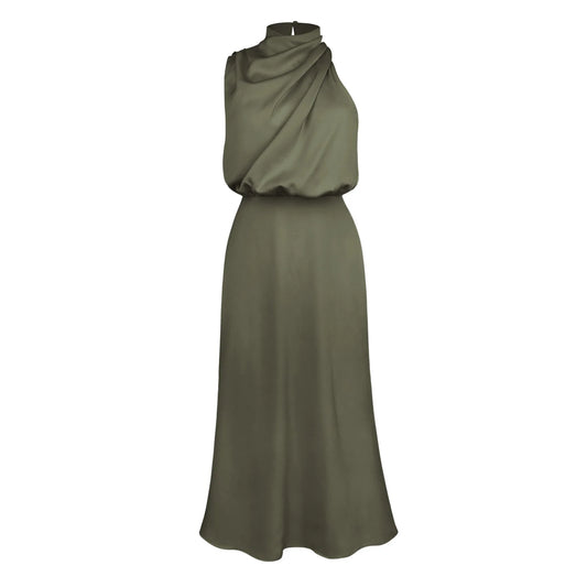 Elegant Satin Halter Midi Dress for Women – Luxury High Neck Sleeveless A-Line Party & Wedding Guest Dress | Modern Blend Boutique